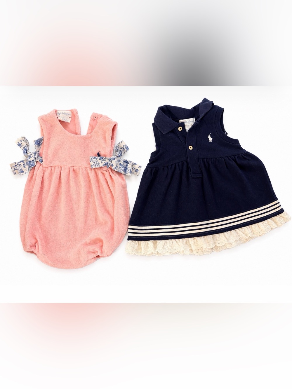 Ralph Lauren Pink Terry Cloth Baby Romper and Navy Blue Dress - both 3 Months